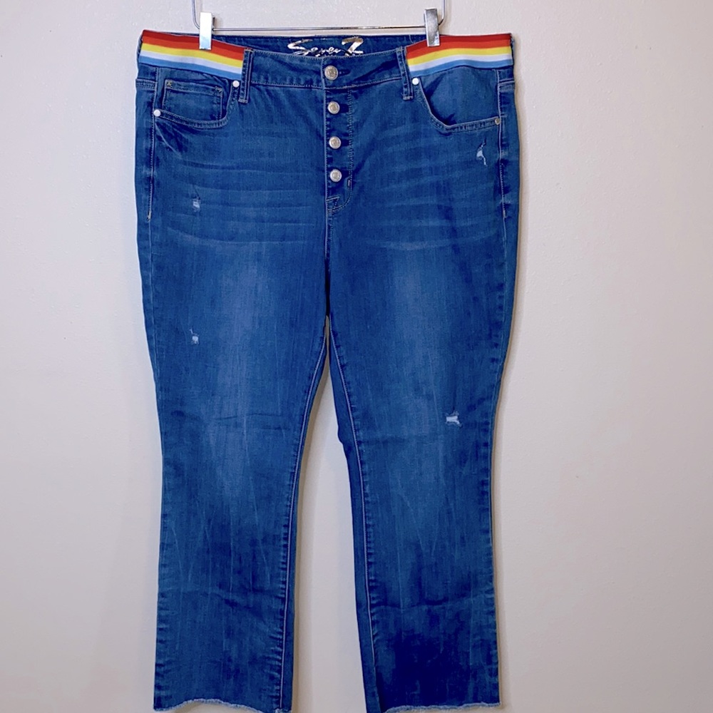 Seven7 Women's Blue Boot Cut Jeans with Rainbow Waistband